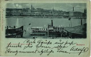 1899 Budapest, Budai részlet a pesti rakpartról, hajók, este. Divald Károly14. (EK)