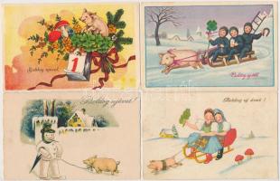 6 db RÉGI malacos újévi üdvözlő motívumlap / 6 pre-1945 New Year greeting art postcards with pigs