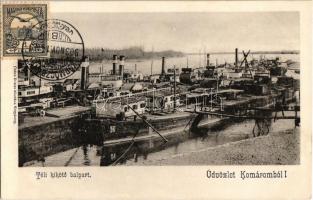 1903 Komárom, Komárno; Téli kikötő balpart, Rábcza oldalkerekes vontató gőzhajó. Kiadja Czike Dénes / winter dock, port with sidewheeler towing steamship