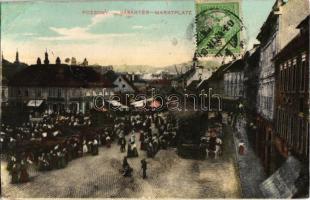 1910 Pozsony, Pressburg, Bratislava; Marktplatz / Vásártér, piaci árusok, üzletek. W. L. Bp. 649. / market square, vendors, shops. TCV card (r)