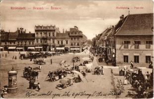 Brassó, Kronstadt, Brasov; Marktplatz / Piac tér, piaci árusok, Servatius és Graef üzlete, hirdetőoszlop / market square, vendors, shops, advertising column