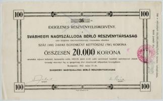 Budapest 1922. Svábhegyi Nagyszálloda Bérlő Részvénytársaság ideiglenes részvényelismervény száz darab 200K-ás részvényről, bélyegzésekkel T:III