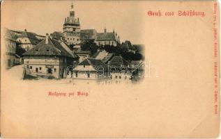 Segesvár, Schässburg, Sighisoara; Aufgang zur Burg / feljárat a várhoz, Taschler üzlete. Kiadja H. Zeidner / way to the castle, shop of Taschler (EK)