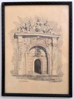 1937 Sopron, hűségkapu - tusrajz keretben, hátoldalon Drexler László mérnöktanár aláírásával, 29×21 ...