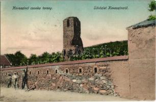 1907 Kovászi, Kovaszinc, Covasint; Csonka torony, szőlőskert. Wittenberg Mór / church's tower ruins, vineyard