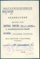 1987 Közbiztonsági érem arany fokozata igazolvánnyal és adományozó oklevéllel