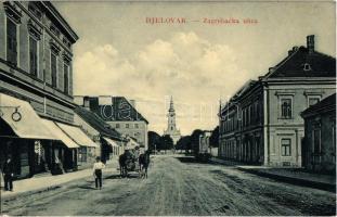 1915 Belovár, Bjelovar; Zagrebacka ulica / utcakép, üzletek, templom. W. L. Bp. 7223. / street view, shops, church