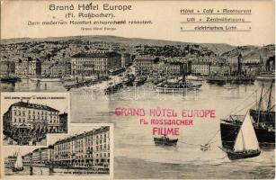 1910 Fiume, Rijeka; Grand Hotel Europe (Fl. Rossbacher), Hotel Central Troccoli in Spalato, Hotel Bristol in Zara / Fl. Rossbacher szállodáinak reklámlapja / advertising postcard for the hotels of Rossbacher (EK)