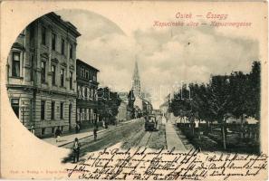 1900 Eszék, Esseg, Osijek; Kapucinska ulica / Kapuzinergasse / Kapucinus utca, lóvasút. Kiadja Eugen Selzer / street view with horse-drawn tram