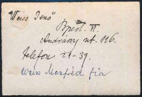 cca 1915 Weiss Jenő (1887-1983), Weiss Manfréd fia, fotó, hátoldalon korabeli lakcíme és telefonszám...