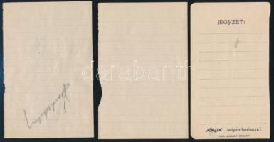 cca 1935 Neves színészek aláírása papírlapokon (Ujlaky László, Erdélyi Mici, Somlay Artúr, Bárdos Ar...
