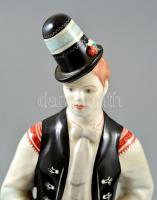Hollóházi legény népviseletben, kézzel festett, jelzett, apró kopásnyomokkal, foltos, m: 30 cm
