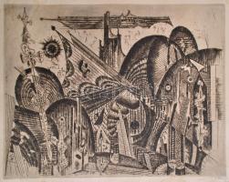 Hincz Gyula (1904-1986): Kompozíció. Rézkarc, papír, foltos, jelzett, 29×37 cm
