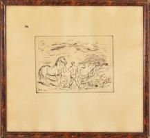 Borsos Miklós (1906-1990): Köves part. Rézkarc, papír (lyukas, foltos), jelzett, üvegezett fa keretb...