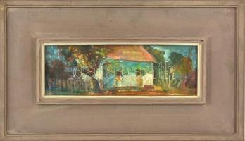 Holler László (1938-): Ház az útszélen. Olaj, karton, jelzett, keretben, 10×29 cm