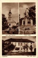 1942 Gyarmat, Római katolikus templom, Hősök szobra, Római katolikus iskola. Kiadja a Hangya Szövetkezet + mozgóposta pecsét