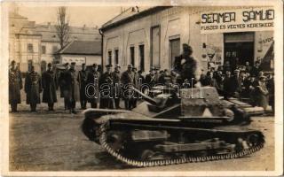 1939 Csap, Chop; bevonulás, Horthy Miklós Sermer Sámuel üzlete előtt, tank / entry of the Hungarian troops, shop, tank with Horthy  (felszíni sérülés / surface damage)