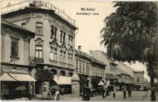 1916 Miskolc, Széchenyi utca, Pannonia szálloda és kávéház, Weissberg Adolf Özv. utóda üzlete, villamos. Kiadja Grünwald Ignác (EK)