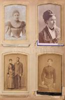cca 1880 Antik fotóalbum benne kb 50 vizitkártyával és kabinetfotóval. Rézveretes plüss borításban