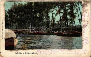 1905 Siófok, Indulás a halászathoz, halászhajók, halászbárkák. Kiadja Reich Farkas (EK)