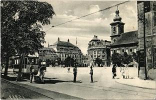 1916 Nagyszeben, Hermannstadt, Sibiu; Nagy piactér, villamos, Rosenthal üzlete. Jos. Drotleff / Piata mare / square with tram, shop (EK)