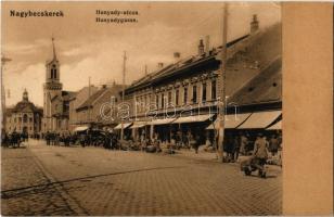 Nagybecskerek, Zrenjanin, Veliki Beckerek; Hunyadi utca, piac, templom, Schaller üzlete / street, market, church, shops