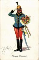 Húsvéti üdvözlet! / Hungarian hussar, Easter greeting. M. Munk Wien Nr. 1064. s: Fritz Schönpflug