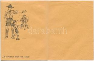 A cserkész ahol tud, segít. Cserkész grafikás boríték / Hungarian boy scout art on an envelope s: Márton L. (fa)