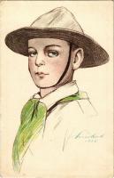 Cserkész fiú. Kiadja a Magyar Cserkészszövetség Nagytábortanácsa 1926. / Hungarian boy scout art postcard s: Márton L.