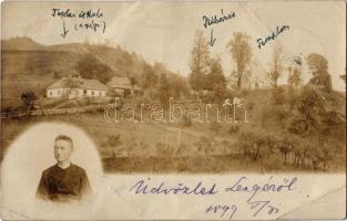 1899 Teplafő, Tepla, Lenge, Teplá (Teplafőszékely, Podhorie); régi iskola, templom, plébánia, arckép / old school, church, rectory, portrait. photo (szakadás / tear)