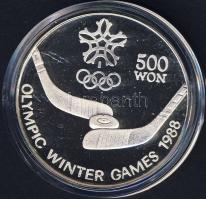 Észak-Korea 1988. 500W Ag "Téli olimpia-hokiütő és labda" T:PP
