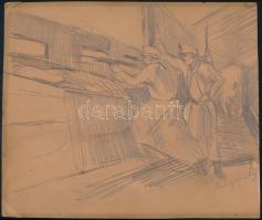 Mednyánszky jelzéssel: Katonák a lövészárokban. Ceruza, papír, apró szakadással, 21×25 cm