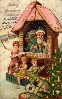 Boldog karácsonyi ünnepeket / Christmas greeting art postcard with Saint Nicholas. Emb. golden decoration, litho (EK)