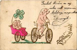 1903 Boldog Új Évet / New Year greeting art postcard with pigs on bicycle. Emb. golden decoration (EK)