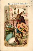 1904 Boldog Húsvéti Ünnepeket / Easter greeting art postcard, rabbit painting eggs. Emb. golden decoration litho