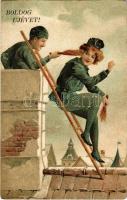 1907 Boldog Újévet! / New Year greeting art postcard, chimney sweeper couple. litho (EK)