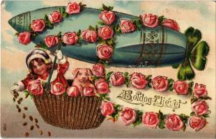 Boldog új évet! / New Year greeting art postcard with airship, Emb. floral golden decoration, litho (EK)