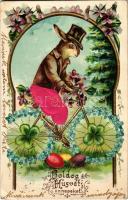 Boldog húsvéti ünnepeket! / Easter greeting art postcard with rabbit on bicycle, Emb. floral golden decoration, litho, silk card (EK)
