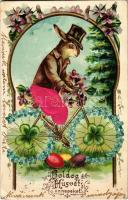 Boldog húsvéti ünnepeket! / Easter greeting art postcard with rabbit on bicycle, Emb. floral golden decoration, litho, silk card  (EK)