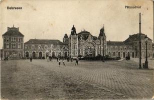 1914 Debrecen, vasútállomás, villamos. Thaisz Arthur kiadása