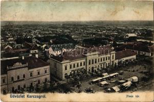 1907 Karcag, Piac tér, árusok, Krausz Soma, L. Fülöp üzlete, Városi takarékpénztár (EB)