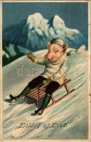 Boldog Új Évet! / New Year greeting art postcard with pig sledding. G.G.K. No. 422. Emb. litho
