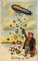 Boldog Új Évet! / New Year greeting art postcard with pig and airship (gyűrődés / crease)