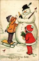Boldog Új Évet! / New Year greeting art postcard with snowman. Amag No. 2232. litho (EK)