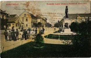 1907 Keszthely, Kossuth Lajos utca, Festetich-szobor, M. kir. posta és távirda, Pler Lipót üzlete (fl)