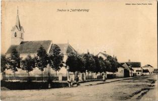 1910 Jasztrebarszka, Jastrebarsko; utcakép, templom. R. Trebitsch felvétele / street view with church + Fiume-Zágráb 64. sz. vasút bélyegző