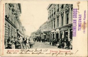 1899 Temesvár, Timisoara; Hunyadi utca, Csendes Jakab üzlete és saját kiadása / street view with shops (EK)