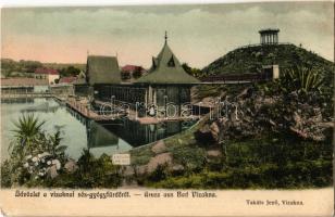 Vízakna, Salzburg, Ocna Sibiului; fürdőház, kilátó, gloriette, "A pázsitra lépni tilos!" feliratos tábla. Kiadja Takáts Jenő / bathing house, spa, gloriette (kis sarokhiány / small corner shortage)