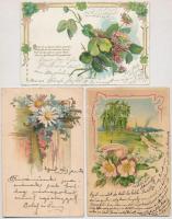 3 db RÉGI hosszúcímzéses virágos litho üdvözlőlap / 3 pre-1904 floral litho greeting art postcards