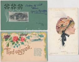 9 db RÉGI motívumlap: hölgyek és művészlapok / 9 pre-1945 motive postcards: ladies and art